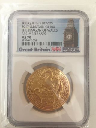 2017 Great Britain G$100 The Dragon Ngc Ms70 Er The Queens Beasts 1 Oz Gold