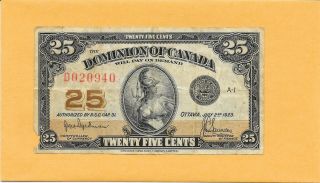 1923 Dominion Of Canada Shinplaster 25 Cents D020940