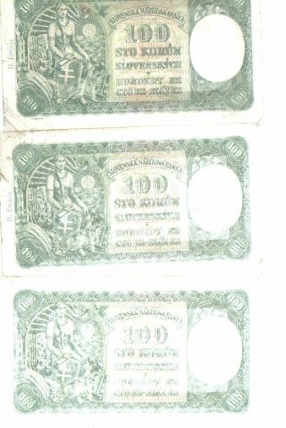 Paper Money Slovakia 1940 3pc 100 Korun Number Following