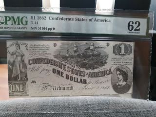Scarce - T - 44 $1 Confederate Paper Money 1862 - Pmg 62