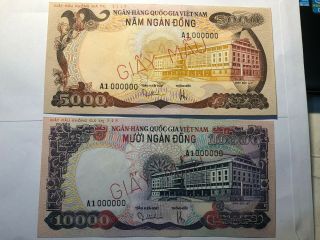 Banknote Viet Nam South 5000 10000 Dong Specimen Not Issued 1975 P35s 36s Unc
