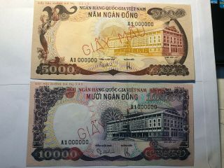 banknote VIET NAM SOUTH 5000 10000 DONG SPECIMEN NOT ISSUED 1975 P35S 36S UNC 3