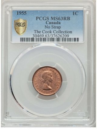 1955 Canada 1 Cent No Strap (NSF) PCGS MS63 RB.  Extremely Rare Canada Small Cent 3