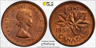 1955 Canada 1 Cent No Strap (NSF) PCGS MS63 RB.  Extremely Rare Canada Small Cent 5