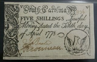 Sc - 147 April 10,  1778 Five Shillings South Carolina Colonial Currency Pmg Au55