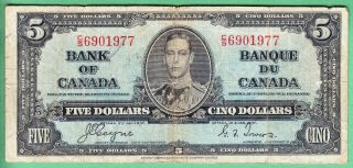 1937 Bank Of Canada Five Dollars Note Vg
