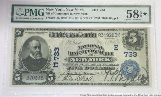 Scarce National Bank Of Commerce York 1905 Note E733 Pmg Au58 Epq $5 Fr $590