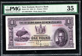 Zealand Reserve Bank 1 Pound 1.  8.  1934 Pick 155 Pmg Choice Very Fine 35.