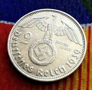 German 1939 D 2 Mark Wwii Silver Coin 3rd Reich Swastika Reichsmark Coin 5