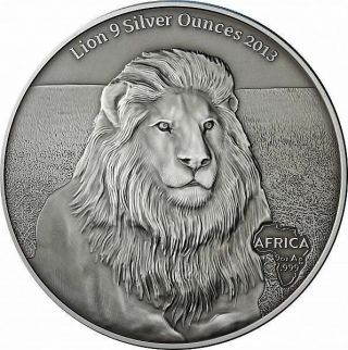Africa Series: Lion 9 Silver Ounces Gabon 10.  000 Francs Cfa 2013 Antique Finish