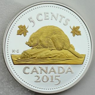 2015 Legacy Of The Canadian Nickel - Beaver,  1 Oz Pure Silver Gold - Plated Proof
