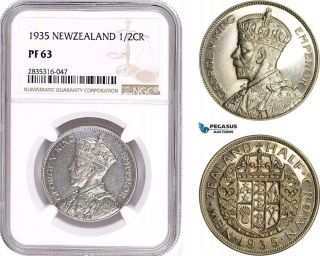 Ae140,  Zealand,  George V,  1/2 Crown 1935,  London,  Silver,  Ngc Pf63