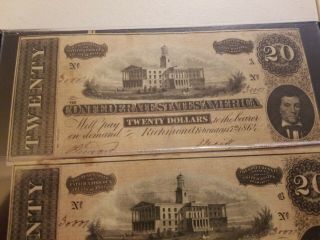 1864 Confederate Currency ERROR Same Serial Number Full Plate Set A - D 20 Dollar 3