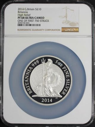 2014 G.  Britain 10 Pounds Silver Britannia High Relief Ngc Pf - 68 Uc - 183130