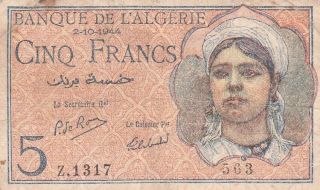 Banque De Algeria 5 Francs 1944 P - 94 Af Vichy Government