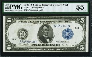 Fr.  851c $5 1914 Federal Reserve Note Pmg About Uncirculated 55.