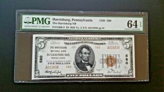 1929 $5 Ty.  2 " Harrisburg,  Pennsylvania Pmg 64 Choice Unc Epq