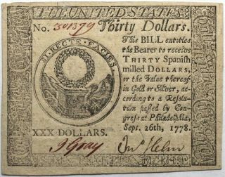 September 26,  1778 Continental Currency $30,  Fr.  Cc - 83,  Pmg 63 Epq