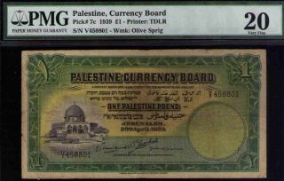 Palestine Currency Board 1939 £1,  Pmg 20 Vf,  British Mand Pick 7c S/n V458801