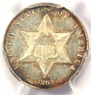 1863 Three Cent Silver Coin 3cs - Pcgs Unc Details (ms) - Rare Civil War Date