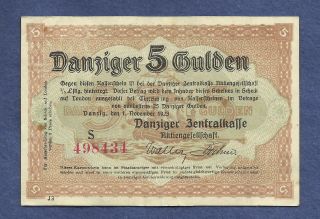 Danzig 5 Gulden 1923 Banknote 498434 (city Of Danzig) P - 50 Historic Note