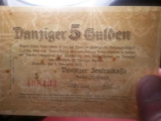 DANZIG 5 GULDEN 1923 Banknote 498434 (City of Danzig) P - 50 HISTORIC NOTE 3