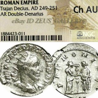 Trajan Decius Ngc Ancient Choice Au Pannoniae Roman Silver Coin Double Denarius
