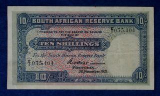 1921 South African Reserve Banknote 10 Shillings Currency