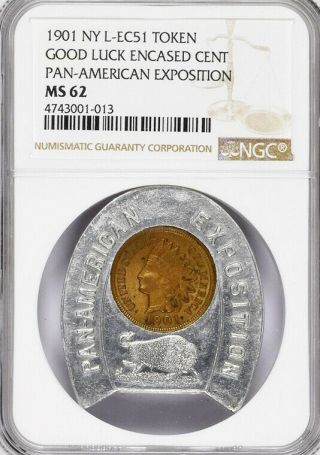 1901 Pan - American Expo Encased Cent - Ms62 Ngc - Buffalo,  Horseshoe Token