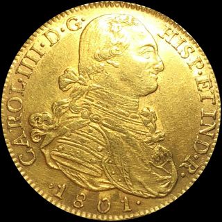 1801 Colombia 8 Escudos Looks Uncirculated Carlos Iii High End Gold Coin No Res