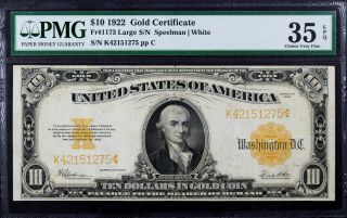 1922 $10 Gold Certificate Pmg 35 Epq Fr.  1173