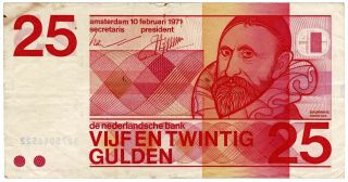 De Nederlandsche Bank Netherlands 1971 Issue 25 Gulden Pick 92a World Banknote