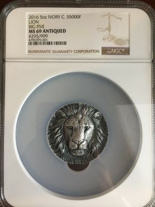 2016 Ivory Coast Mauquoy Haute Big Five Lion Hr 5 Oz Silver Ngc Ms69 Silver Coin