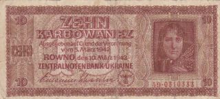 10 Karbowanez Vg - Fine Banknote From German Occupied Ukraine 1942 Pick - 52