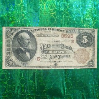 Us 1886 $5 National Currency National Bank Of Shreveport Bill/banknote Charter