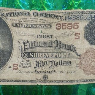 US 1886 $5 National Currency National Bank of Shreveport Bill/Banknote Charter 4