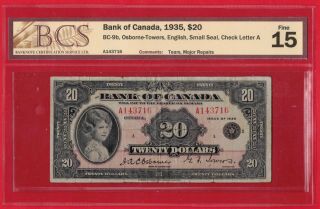 1935 $20 Bank Of Canada Note Princess Small Seal Bc - 9b - Bcs F - 15 Comments
