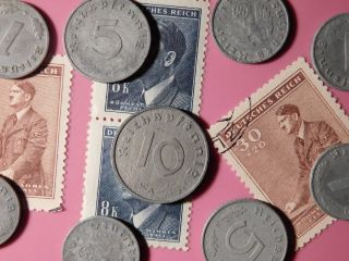 1,  5 And 10 Reichspfennig.  9 Nazi German Coins,  Hitler Stamps Third Reich.  K243