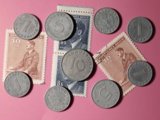 1,  5 and 10 Reichspfennig.  9 Nazi German coins,  Hitler stamps Third Reich.  K243 2