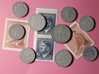 1,  5 and 10 Reichspfennig.  9 Nazi German coins,  Hitler stamps Third Reich.  K243 3