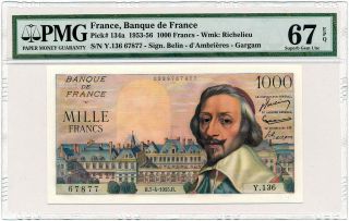 France - 1000 Francs 1955 P134a Richelieu Pmg Gem Unc 67 Epq