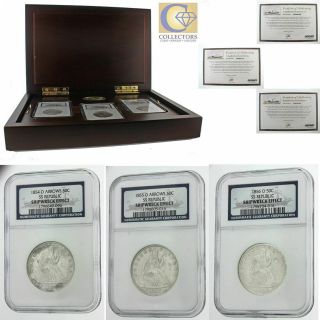 1854 - 1856 Silver Seated Liberty 50c 3 Coin Set Ncg Shipwreck Effect Box &