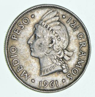 World Coin - 1961 Dominican Republic 1/2 Peso - World Silver Coin 12.  5g 965
