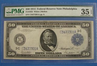 Choice Very Fine 1914 $50.  00 Federal Reserve Note Fr 1035 - 35 Epq - Pmg
