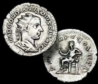 Gordian Iii,  Silver Roman Denarius Coin,  Apollo Seated.  Rome 240 Ad,  Xf