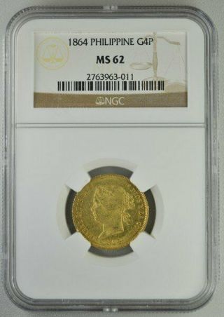 Isabella Ii Philippine G4p=4 Pesos 1864 Ngc Ms62 Gold