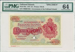 Government Of The Falkland Islands 5 Pounds 1975 Specimen No.  004 Pmg 64