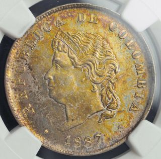 1887,  Colombia (republic).  Silver 50 Centavos " Cocobola Bust " Coin.  Ngc Ms - 61
