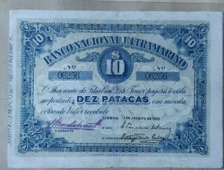 1910 Timor 10 Patacas By Banco Nacional Ultramarino