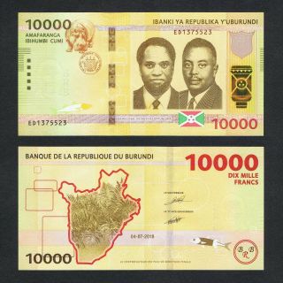 2018/2019 Burundi 10,  000 10000 Francs P - 54 Unc Hippo Arms Flag Prince Rwagasore